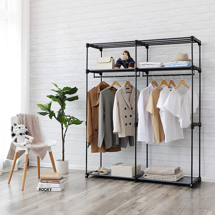 Kleiderschrank, Stoffschrank, Garderobe mit 2 Kleiderstangen, Aufbewahrung von Kleidung, Kleiderständer, faltbar, Ankleidezimmer, Schlafzimmer schwarz