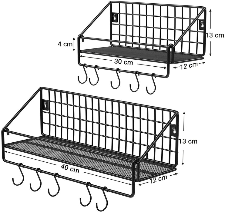 Wandregale im Industrie-Design, aus Metall, pro Regal bis 15 kg belastbar, 2er Set, Küchenregale, mit 10 Haken, für Schlafzimmer und Wohnzimmer, schwarz