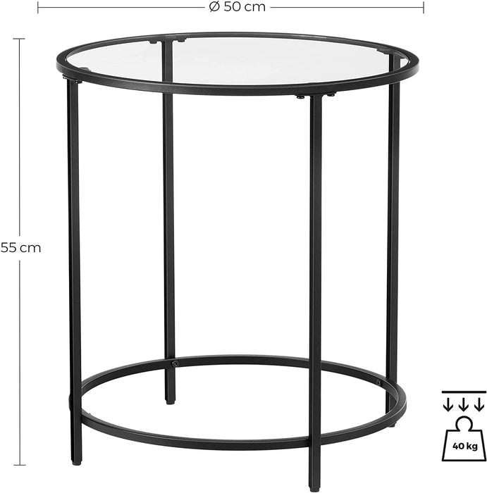 Beistelltisch rund, Kleiner Couchtisch, Glastisch mit Metallgestell, Nachttisch, Sofatisch, Balkon, Hartglas, schwarz