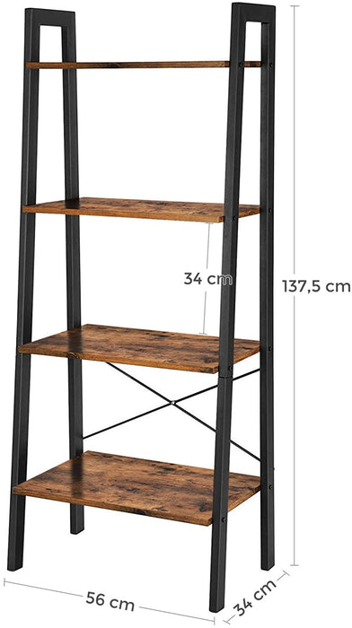 Standregal, Bücherregal, 4 Ebenen Leiterregal, stabiles Metallgestell, einfache Montage, für Wohnzimmer, Schlafzimmer, Küche, Vintagebraun-schwarz