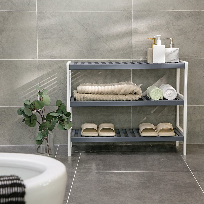 Schuhregal, Standregal aus Bambus, mit 3 Ebenen, Schuhaufbewahrung, für Eingangsbereich, Flur, weiß-grau