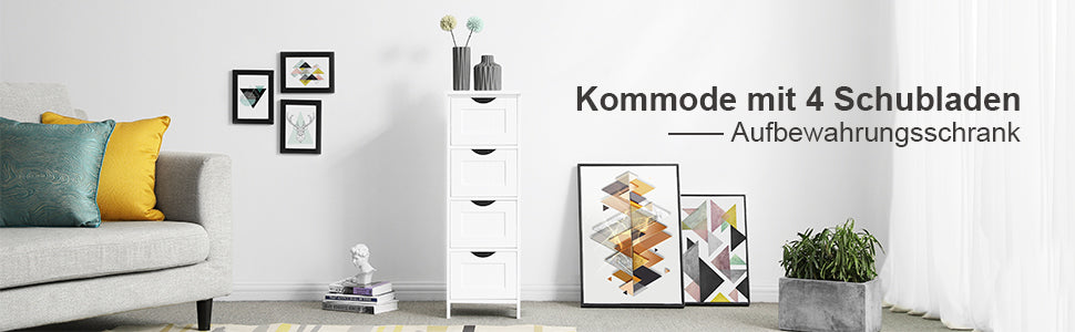 Badezimmerschrank, schmaler Badschrank aus Holz mit 4 Schubladen, 30 x 30 x 82 cm, Wohnzimmer, Schlafzimmer, Flur, tief, freistehend, platzsparend, weiß