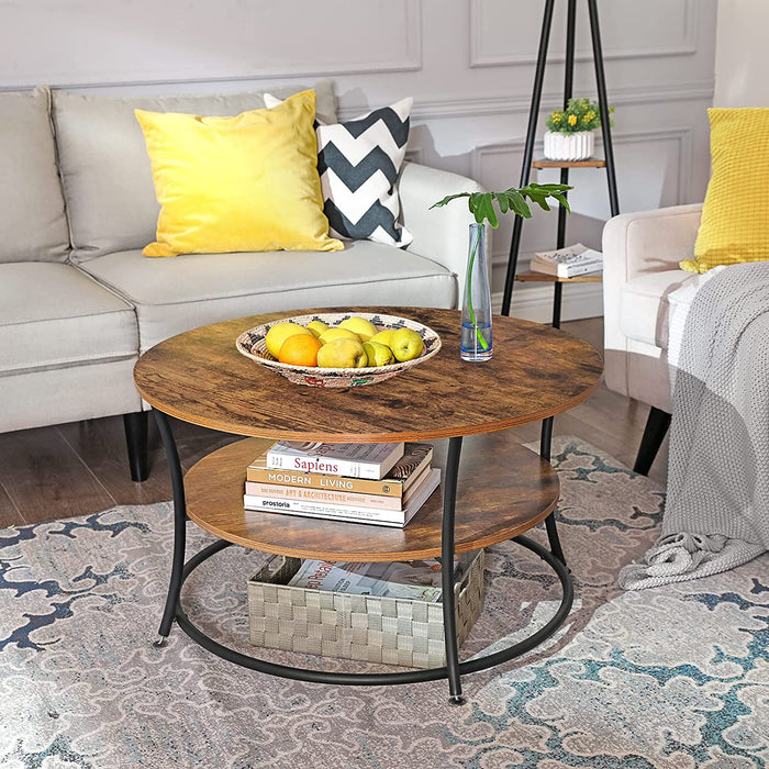 Couchtisch rund, Wohnzimmertisch, Sofatisch mit Ablage, einfacher Aufbau, Metall, Industrie-Design, Vintagebraun-schwarz