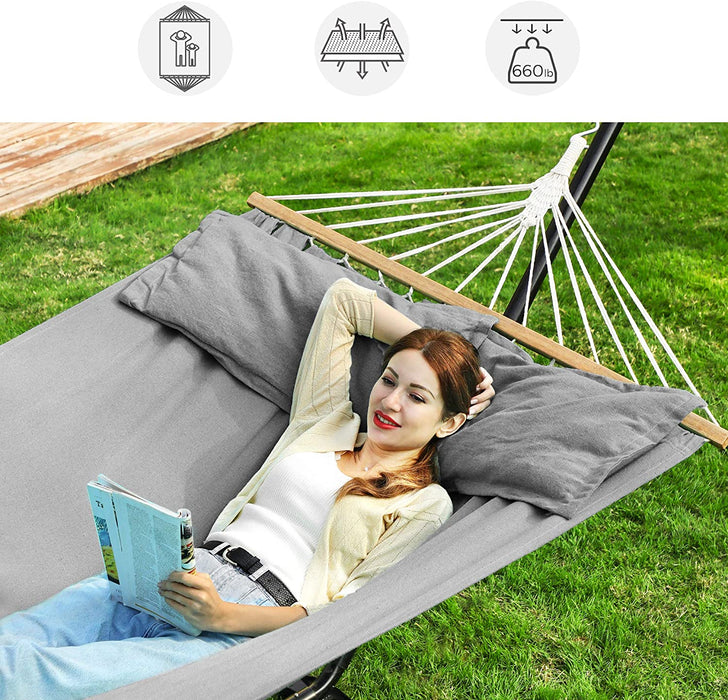 Hängematte, Outdoor, mit 2 Holzstangen, mit 2 Kissen, bis zu 300 kg belastbar, 210 x 150 cm, grau