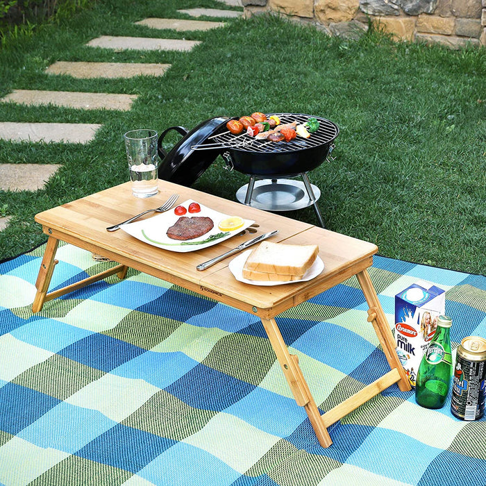 Laptoptisch, klappbarer und höhenverstellbarer Notebooktisch, mit Lüftungslöchern, für Links- und Rechtshänder, Betttisch aus Bambus mit Schublade