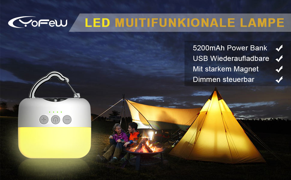 Campinglampe, LED Camping Laterne USB Aufladbar mit 5200 mAh, 4 Helligkeiten Leuchtmodi & Eingebauter Starker Magnet & Stufenlos Dimmbar