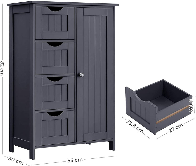 Badezimmerschrank, schmaler Badschrank, Beistellschrank, Kommode, mit 4 Schubladen, Schranktür, verstellbare Regalebene, Wohnzimmer, Küche, Flur