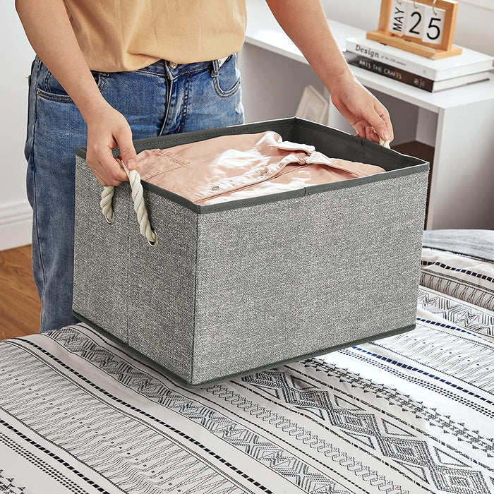 Aufbewahrungsboxen, 3er Set, Stoffboxen ohne Deckel, mit Griffen, 40 x 30 x 25 cm, Leinenoptik, grau