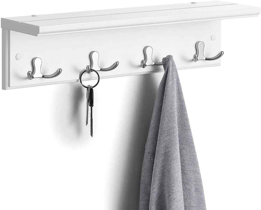 Wandgarderobe, Flurgarderobe, mit 4 Doppelhaken, mit Ablage, Garderobenhaken, für Badezimmer, Wohnzimmer, Küche, weiß