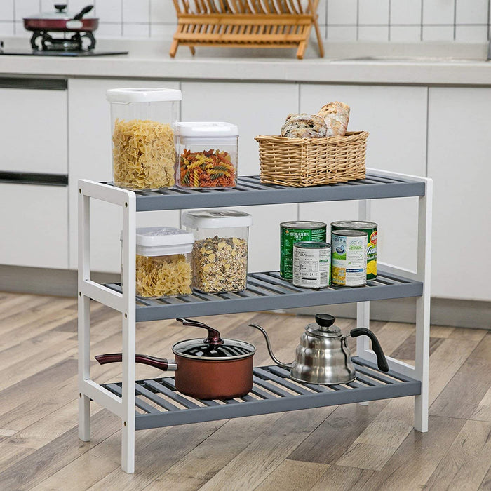 Schuhregal, Standregal aus Bambus, mit 3 Ebenen, Schuhaufbewahrung, für Eingangsbereich, Flur, weiß-grau