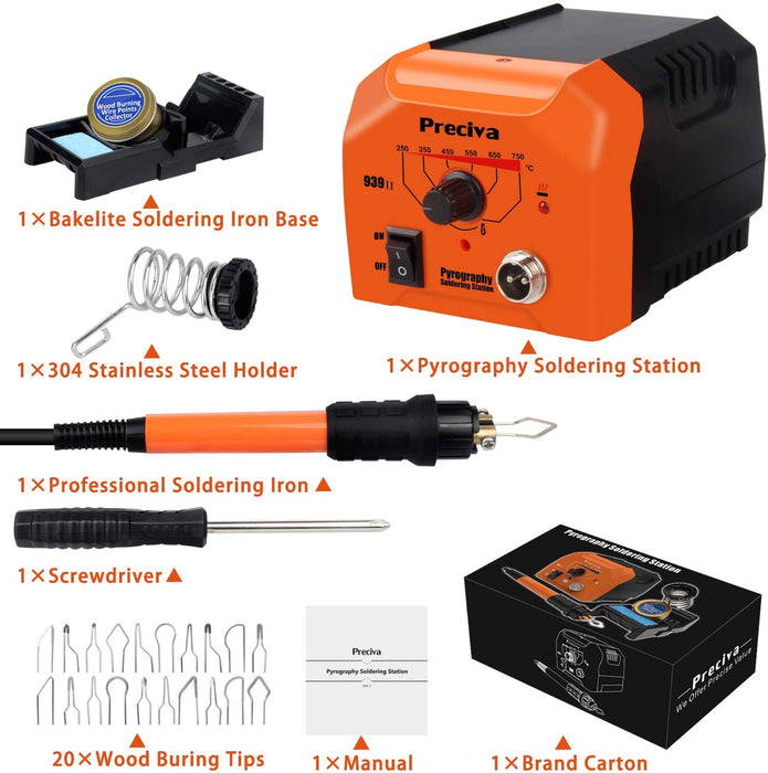 Brandmalstation - Preciva Brennkolben Set mit 20-teilig Spitz, Temperatur Einstellbar 250℃ - 750 ℃, Brandmalkolben für Holz, Leder und Kork