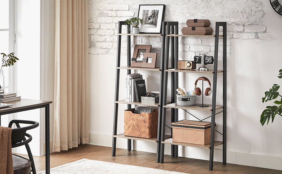 Standregal, Bücherregal, 4 Ebenen Leiterregal, Metallgestell, einfache Montage, für Wohnzimmer, Schlafzimmer, Küche, greige-schwarz