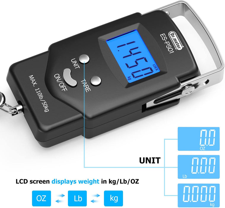 Digitale Kofferwaage,110 lb/50 kg Elektronische Digital Fischwaagen Handwaage mit Maßband, 2 AAA Batterien enthalten, Beleuchtetes Display (PS01)