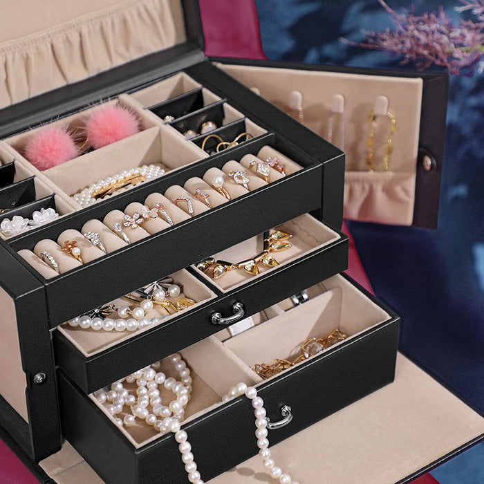 Schmuckkasten, Schmuckkästchen mit 2 Schubladen, abschließbarer Schmuck-Organizer mit Spiegel, herausnehmbare Reise-Box, für Ringe, Armbänder