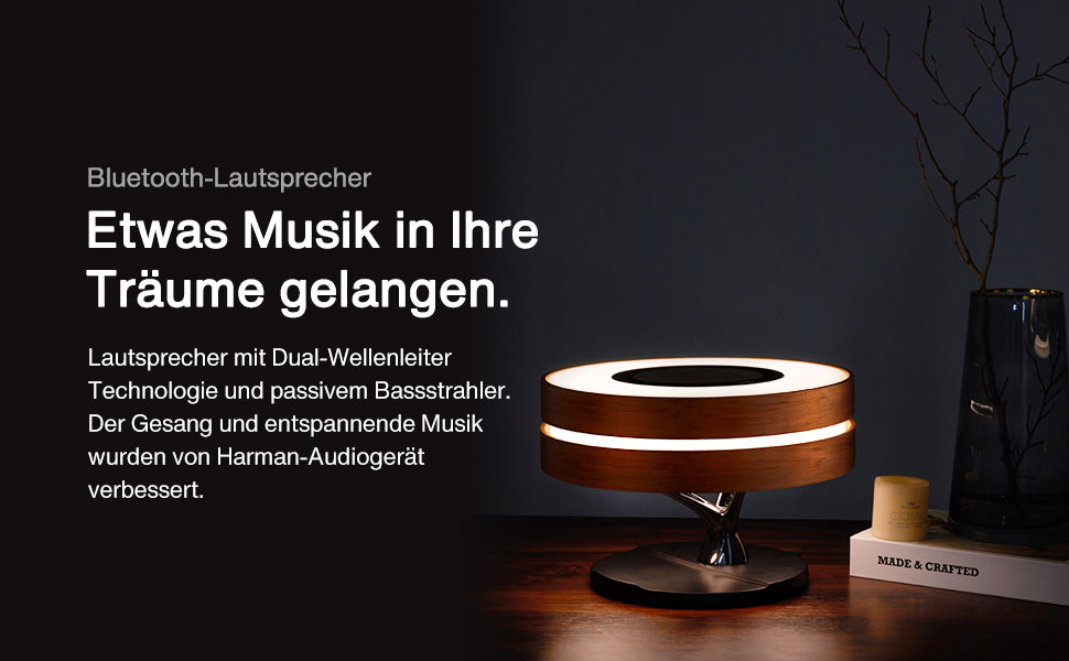 Nachttischlampe mit Bluetooth-Lautsprecher und drahtlosem Ladegerät, Tischlampe Schreibtischlampe mit Schlafmodus stufenlos dimmbar