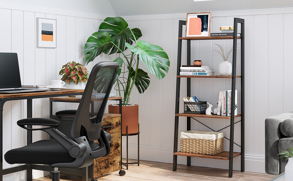 Standregal, Bücherregal, 4 Ebenen Leiterregal, stabiles Metallgestell, einfache Montage, für Wohnzimmer, Schlafzimmer, Küche, haselnussbraun-schwarz