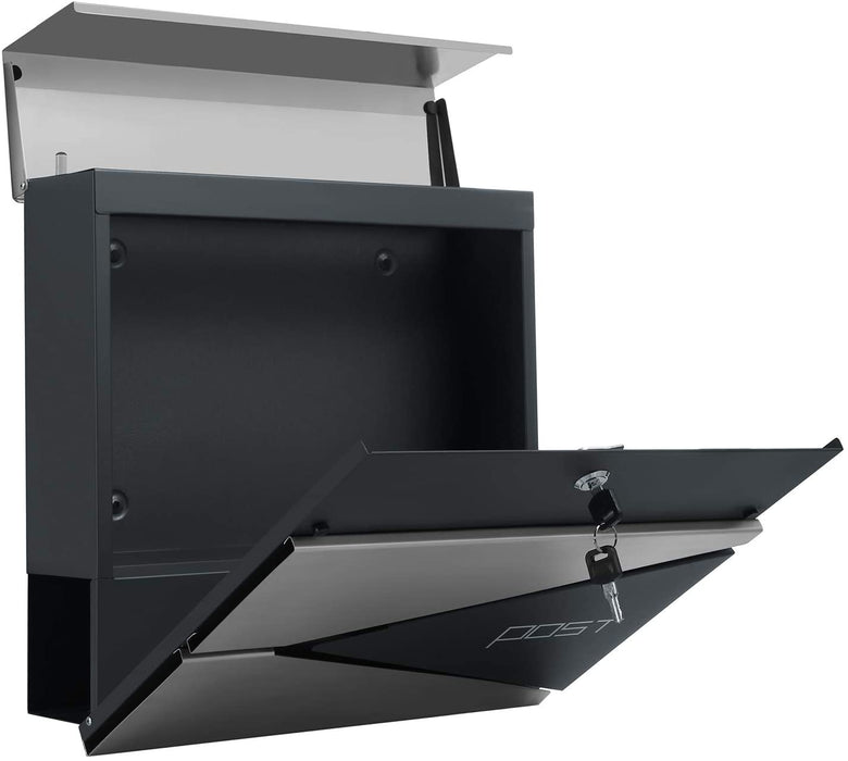 Briefkasten, abschließbarer Wandbriefkasten, mit Zeitungsfach, einfache Montage, modern, anthrazit-silbern