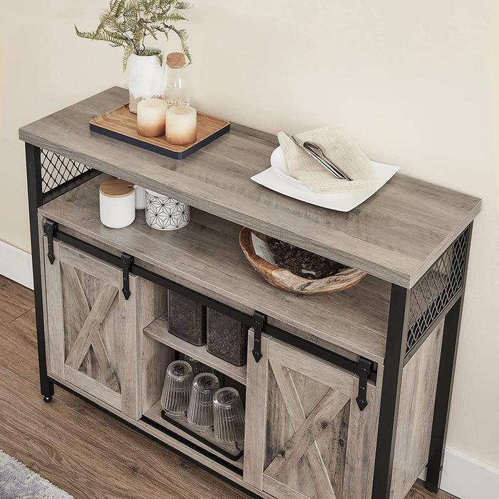 Sideboard, Küchenschrank, Aufbewahrungsschrank, mit 2 Schiebetüren, verstellbare Ablage, industriell, für Wohnzimmer, Greige-schwarz