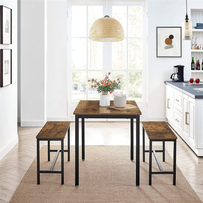 Esstisch, Küchentisch-Set, 110 x 70 x 75 cm, mit 2 Bänken je 97 x 30 x 50 cm, Metallgestell, für Küche, Wohnzimmer, Esszimmer, Industrie-Design