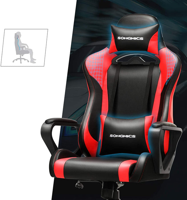 Gaming Stuhl, Schreibtischstuhl, Computerstuhl, Bürostuhl, abnehmbare Kopfstütze, Lendenkissen, höhenverstellbar, Wippfunktion, bis 150 kg belastbar