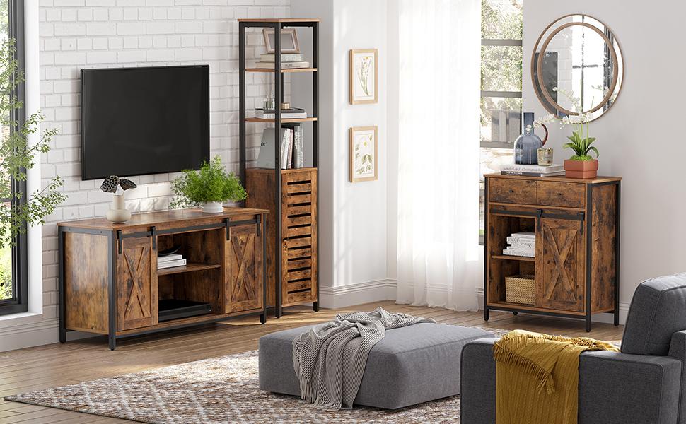 Beistellschrank, Sideboard mit Regalebene und Schublade, Küchenschrank, Kommode mit Schiebetür im Landhausstil, Industrie-Design, vintagebraun-schwarz