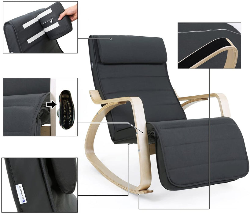 Schaukelstuhl, mit Armlehnen aus Birkenholz, Schaukelsessel, 5-stufig verstellbare Fußstütze, Relaxstuhl, bis 150 kg belastbar, Wohnzimmer