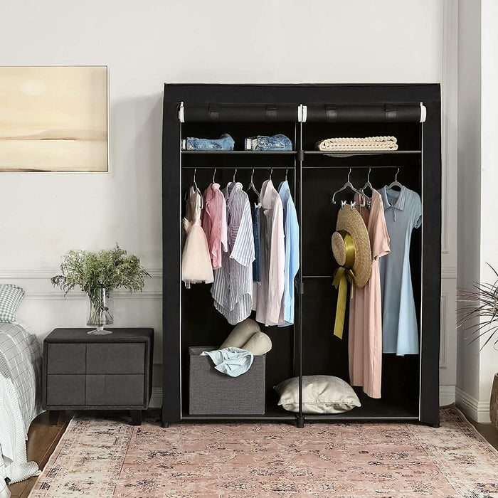 Kleiderschrank, Stoffschrank, Garderobe mit 2 Kleiderstangen, Aufbewahrung von Kleidung, Kleiderständer, faltbar, Ankleidezimmer, Schlafzimmer schwarz