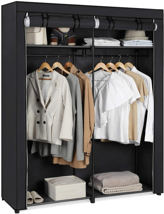 Kleiderschrank, Stoffschrank, Garderobe mit 2 Kleiderstangen, Aufbewahrung von Kleidung, Kleiderständer, faltbar, Ankleidezimmer, Schlafzimmer schwarz