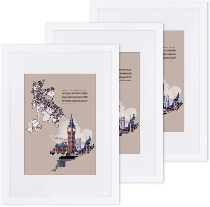 Bilderrahmen 3er-Set, für DIN A3 (29,7 x 42 cm) ohne Passepartout, für A4 (21 x 29,7 cm) mit Passepartout, Fotorahmen, Glasscheibe, Rahmenbreite 2 cm