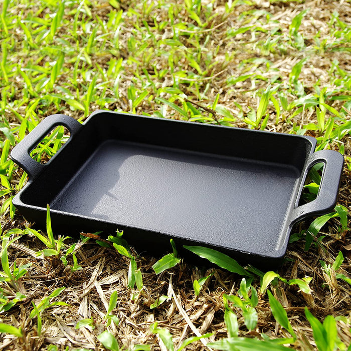Grillpfanne Gusseisen Bratpfanne,Gleichmäßige Erwärmung Gusseisenpfanne mit Zwei Henkeln, Rechteck Gusspfanne Backform, multifunktionales Feuerpfanne