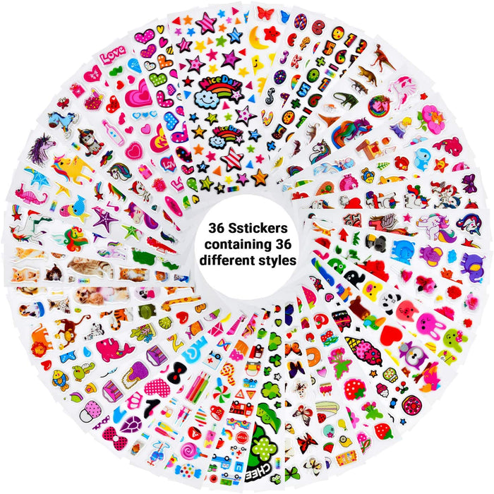3D Aufkleber für Kinder & Kleinkinder, 920+ Geschwollen Stickers, Niedliche Verschiedene Set, Tier, Obst, Zahlen, Schmetterlinge, Einhorn (36 Bogen)