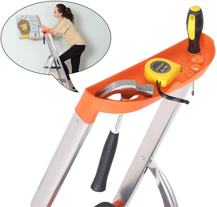 Leiter 3 Stufen, Trittleiter, 12 cm breite Stufen mit Riffelung, Anti-Rutsch-Füße, mit Handlauf, Werkzeugschale, bis 150 kg belastbar