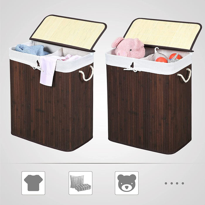 Wäschekorb aus Bambus, Wäschesammler mit 2 Fächern, Wäschesortierer mit Deckel und herausnehmbarem Wäschesack, Tragegriffe aus Baumwolle, 100 L
