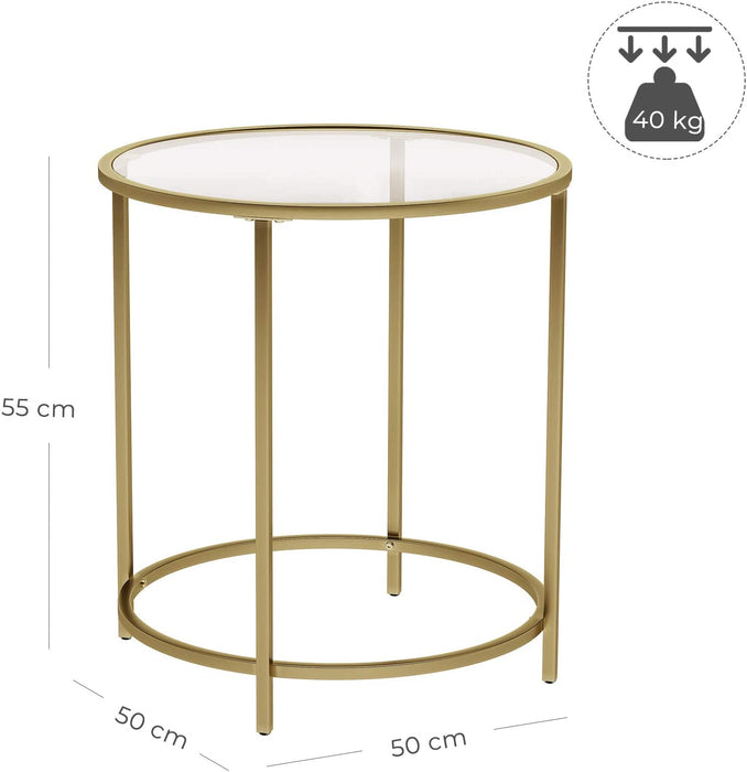 Beistelltisch rund, Glastisch mit goldenem Metallgestell, Kleiner Couchtisch, Nachttisch, Sofatisch, Balkon, Robustes Hartglas, dekorativ, Gold