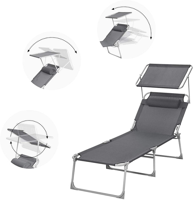 Sonnenliege, Liegestuhl, Gartenliege, extra groß, 71 x 200 x 38 cm, bis 150 kg belastbar, mit Kopfstütze und Sonnendach, Rückenlehne verstellbar