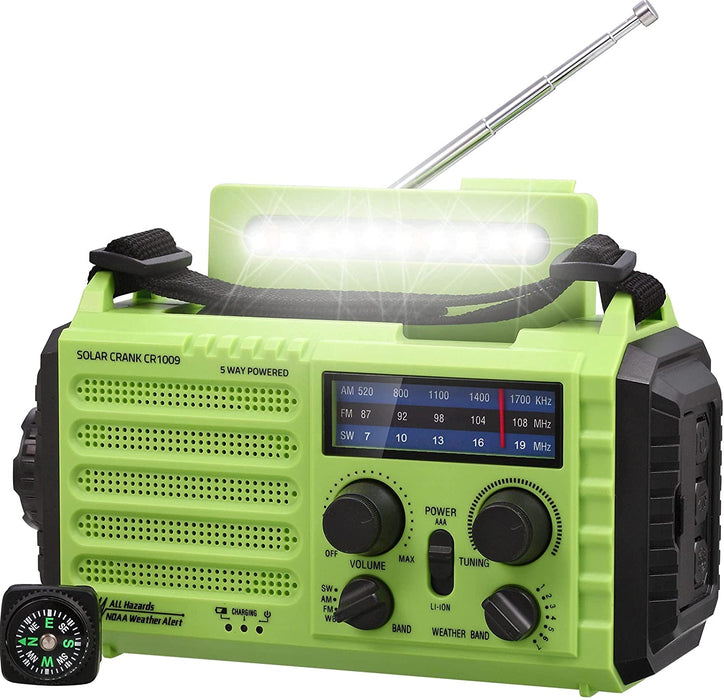 AM/FM/SW Baustellenradio Kurbelradio, Tragbares 5-Wege Wetter Solar Radio, Dynamo Handkurbel, Power Bank, LED Camping Licht, SOS-Alarm, Kompass (Grün)
