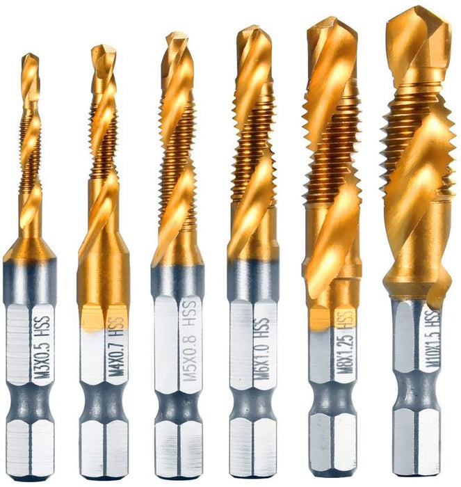Kombi Bohrer Gewindebohrer, 6 tlg 1/4" HSS M3-M10 Schraube Sechskantschaft Senker Werkzeuge Maschinengewindebohrer Set