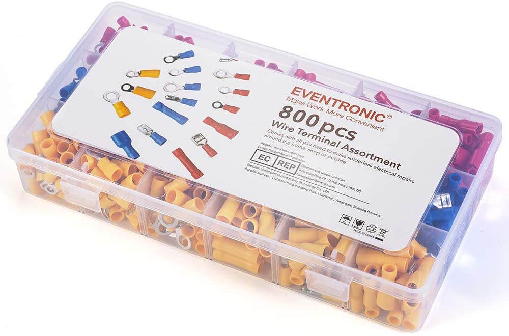 Crimpzange Kabelschuhe Set,27 Arten von Flachstecker AWG22-10(0,5-6 qmm) Kabelschuh Sortiment Kabelschuhzange mit 800 Stück Aderendhülsen Set
