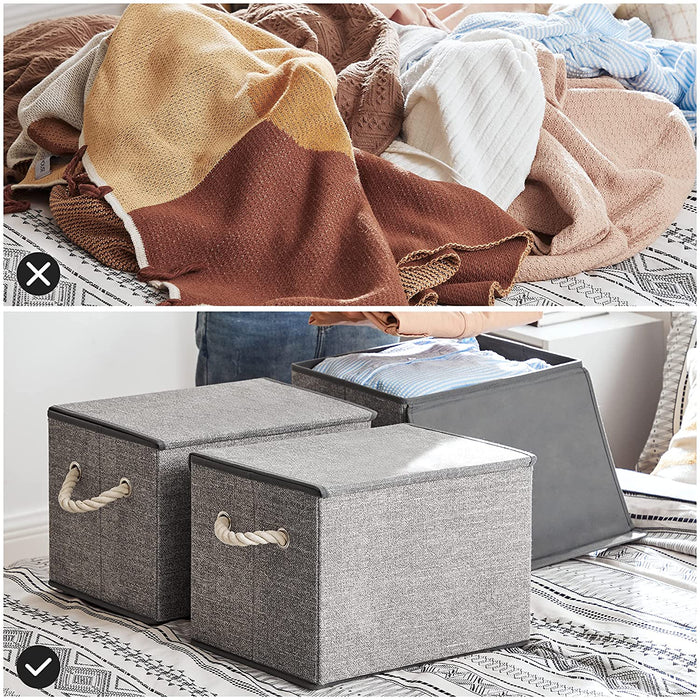 Aufbewahrungsboxen, 3er Set, Stoffboxen mit Deckel, Griffe aus Baumwolle, Leinenoptik, grau