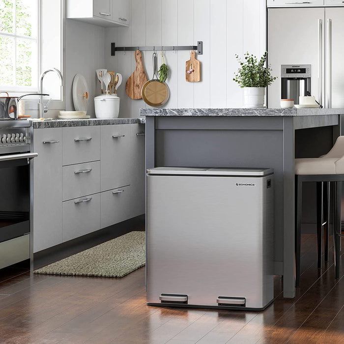 Mülleimer, 2 x 30 L, 2 Fächer, Mülltrennsystem, Treteimer, Abfalleimer Küche, 15 Müllsäcke, aus Metall, Inneneimer aus Kunststoff, Klappdeckel