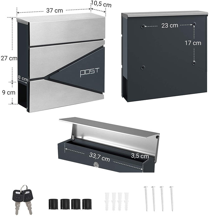 Briefkasten, abschließbarer Wandbriefkasten, mit Zeitungsfach, einfache Montage, modern, anthrazit-silbern