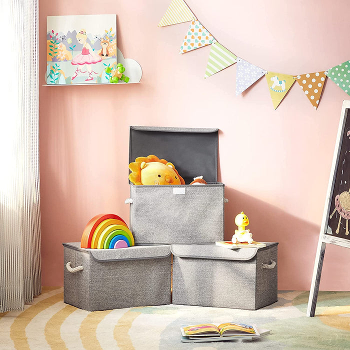 Aufbewahrungsboxen, 3er Set, Stoffboxen mit Deckel, Griffe aus Baumwolle, Leinenoptik, grau