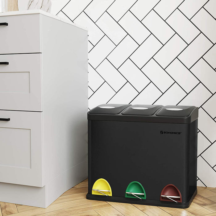Mülleimer für die Küche, Treteimer aus Metall, 3-in-1 Abfalleimer, 24 Liter, Mülltrennung, Mülltrennsystem, einfach zu reinigen, Stahl, schwarz