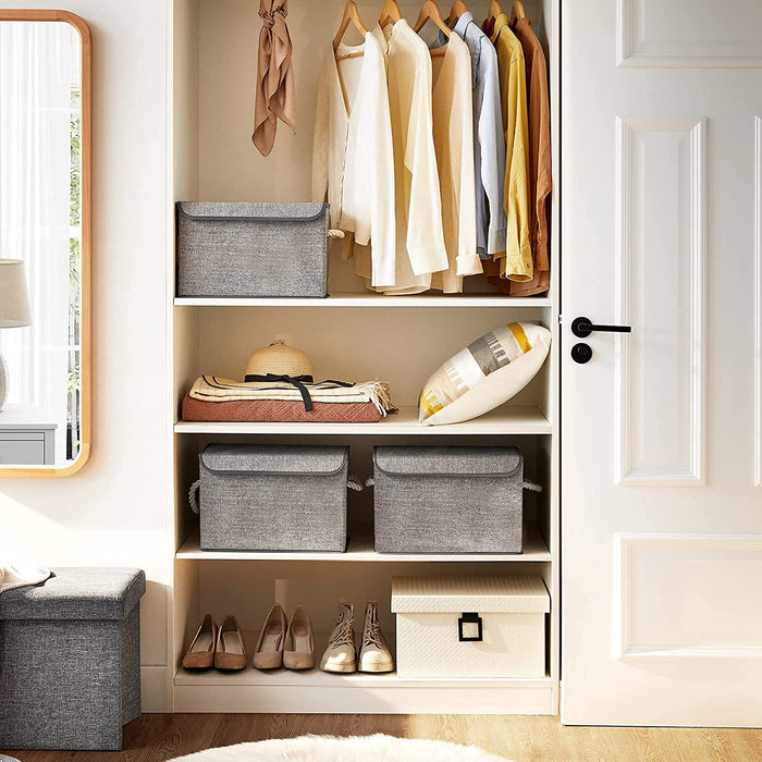 Aufbewahrungsboxen, 3er Set, Stoffboxen mit Deckel, Griffe aus Baumwolle, Leinenoptik, grau