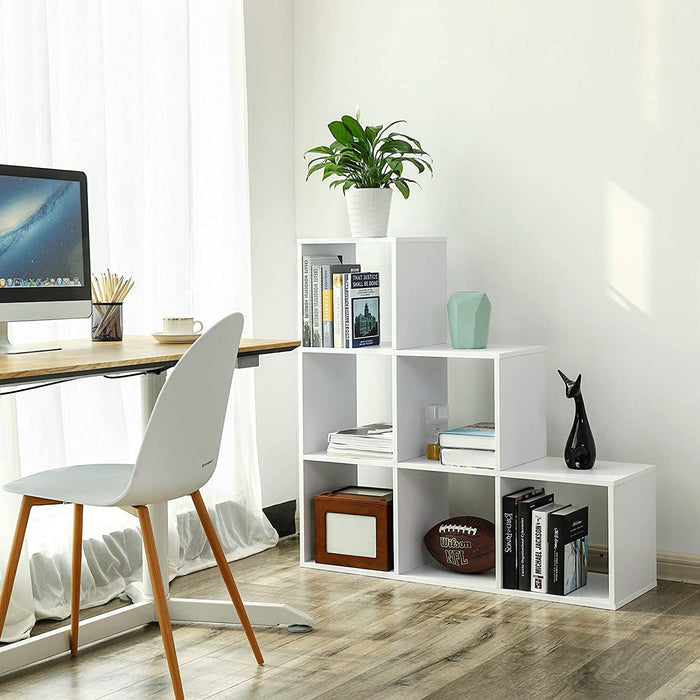 Bücherregal, Treppenregal mit 6 Fächern, 6-Würfel, Ausstellungsregal aus Holz, freistehendes Regal, Raumteiler, 97,5 x 97,5 x 29 cm, weiß