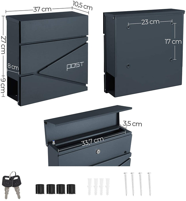 Briefkasten, abschließbarer Wandbriefkasten, mit Zeitungsfach, einfache Montage, modern, anthrazit