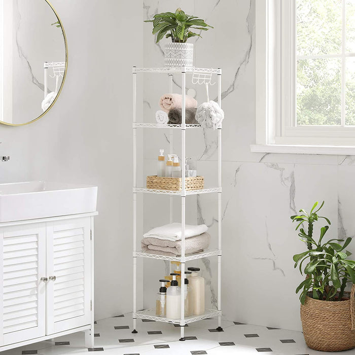 Badezimmerregal, Standregal, Metallregal, bis 100 kg belastbar, mit 5 PP-Platten, abnehmbare Haken, 30 x 30 x 123,5 cm, erweiterbar, für kleine Räume