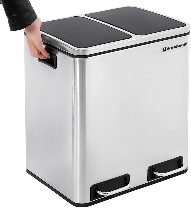 Mülleimer für die Küche, 30 L, Abfalleimer aus Metall, Mülltrennung, Treteimer mit Inneneimern und Griffen, 2 x 15 Liter, Softclose, luftdicht