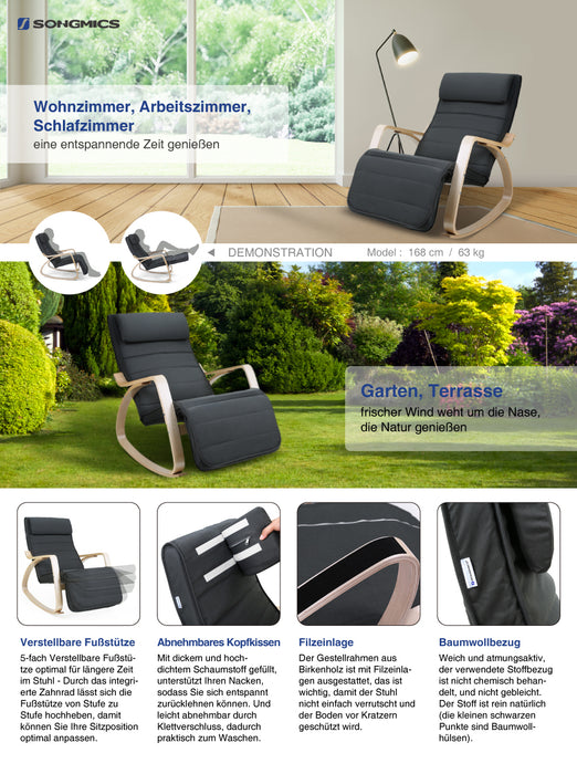 Schaukelstuhl, mit Armlehnen aus Birkenholz, Schaukelsessel, 5-stufig verstellbare Fußstütze, Relaxstuhl, bis 150 kg belastbar, Wohnzimmer