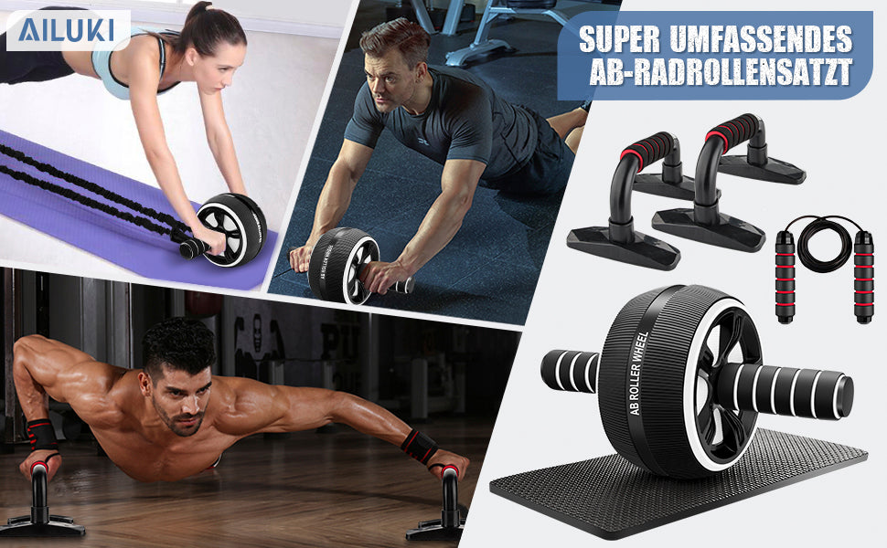 Bauchroller, Bauchtrainer ab Roller, Bauchmuskeltrainer ab Wheel Set, mit Fitnessband, Springseil, Hochschieben Griffe, Abbildung 8 Fitnessbänder
